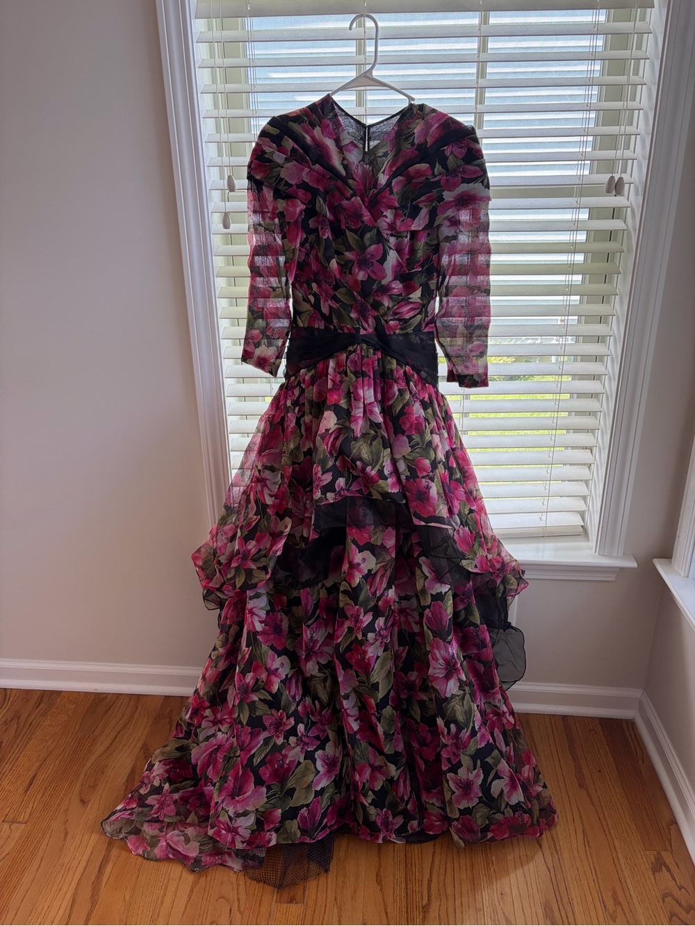 Pamell Roland Floral Pink & Black Tiered Evening Dress made modest